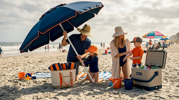 Family preparing UV protection at beach