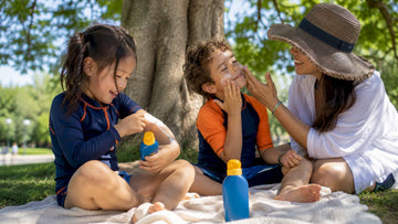 Children applying sunscreen at outdoor table