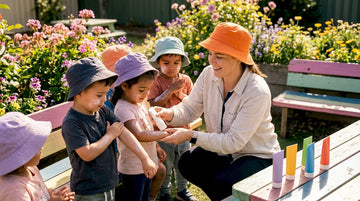 Educator demonstrating sun safety with children outdoors