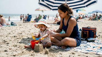 Mother applying sunscreen on toddler outdoors